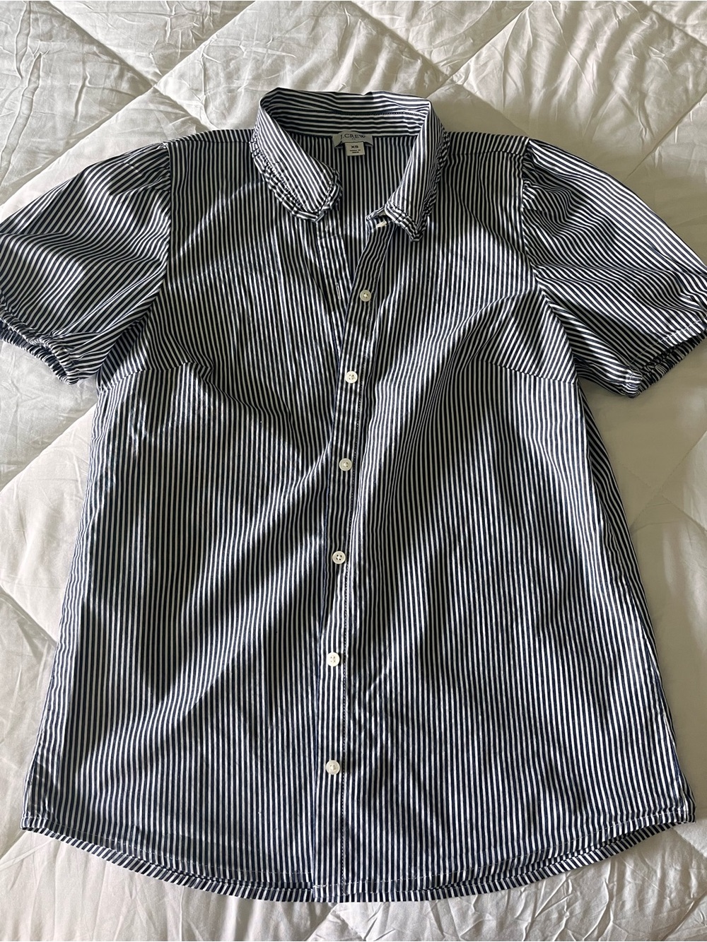J. Crew Navy and White Striped Short-Sleeve Button-Up Blouse
